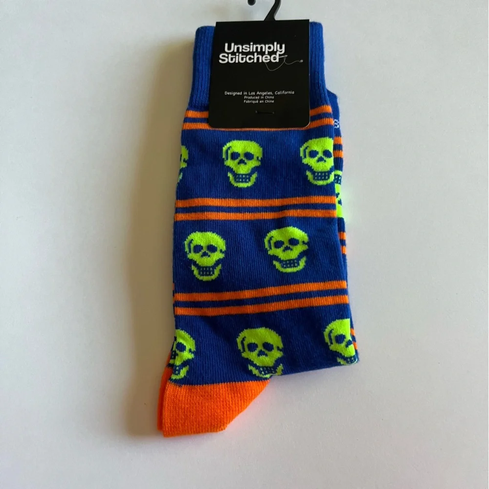 UNSIMPLY STITCHED MENS MUSTACHE SKULL NEON SOCKS BLUE GREEN ORANGE OS NWT